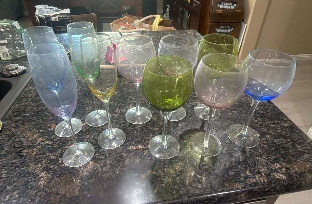 Assorted Hand Blown Multi Color Wine Glasses Set of 10